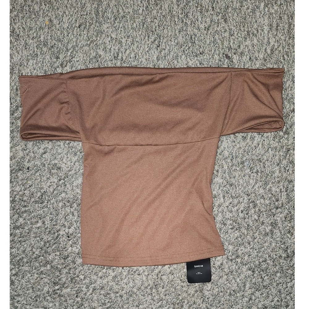 Shein Womens Brown Off The Shoulder Bardot Top Short Sleeve Slim Fit Stretch New - Picture 2 of 3
